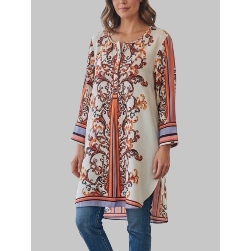 Figueroa & Flower Boho Womens Floral Mixed Media Popover Tunic Top Office New‎ M